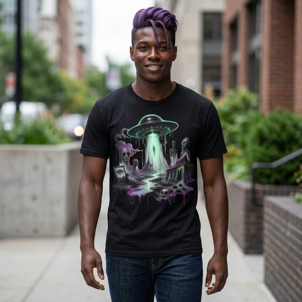 Alien Abduction Weirdcore T-Shirt — Neon UFO Beaming Up Silhouettes
