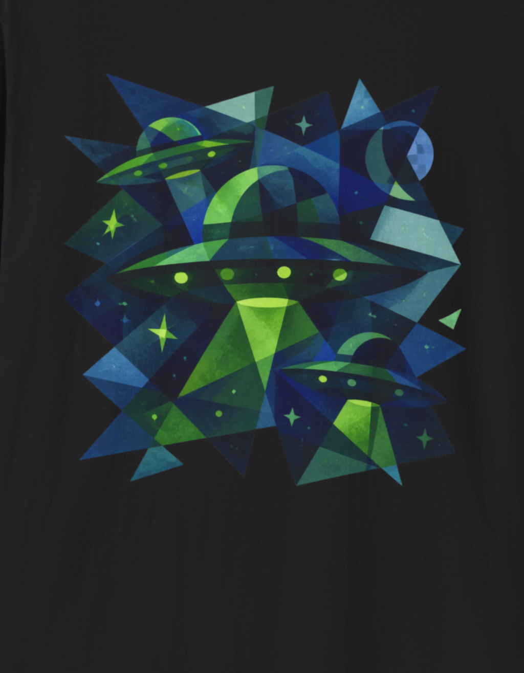Blue & Green Cubism UFO Galaxy Geometry T‑Shirt — Neon Abstract Space Art