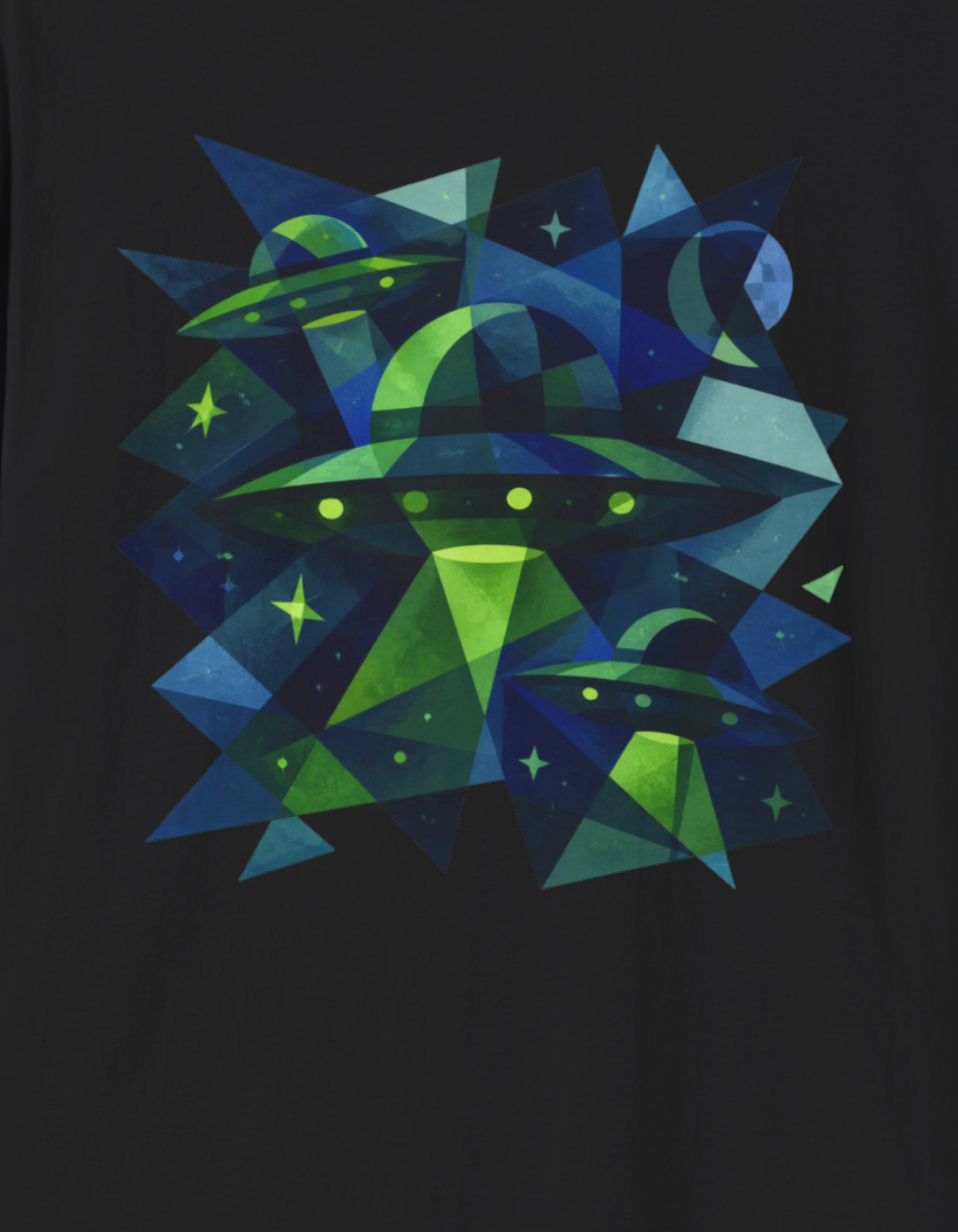 Blue & Green Cubism UFO Galaxy Geometry T‑Shirt — Neon Abstract Space Art