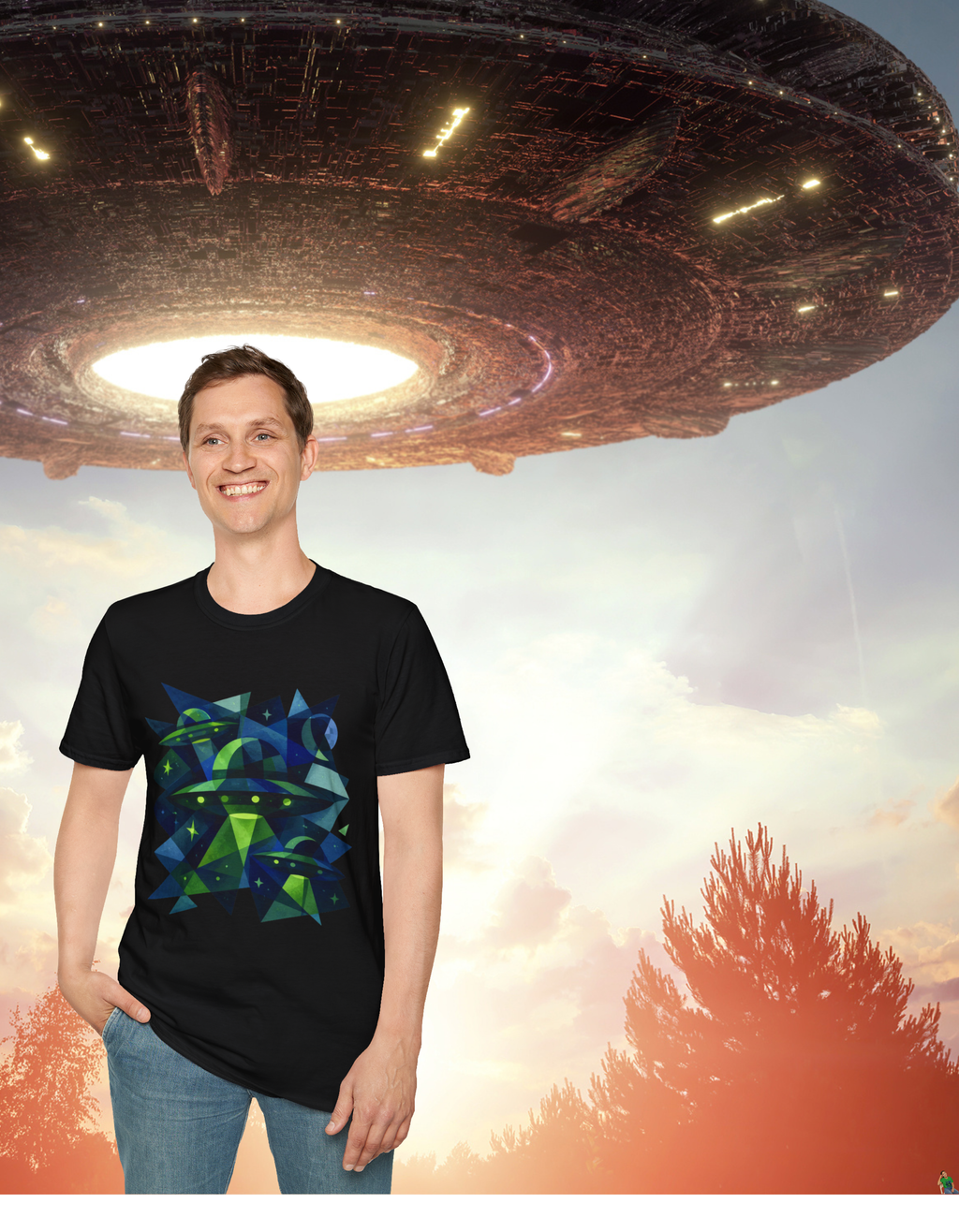 Blue & Green Cubism UFO Galaxy Geometry T‑Shirt — Neon Abstract Space Art