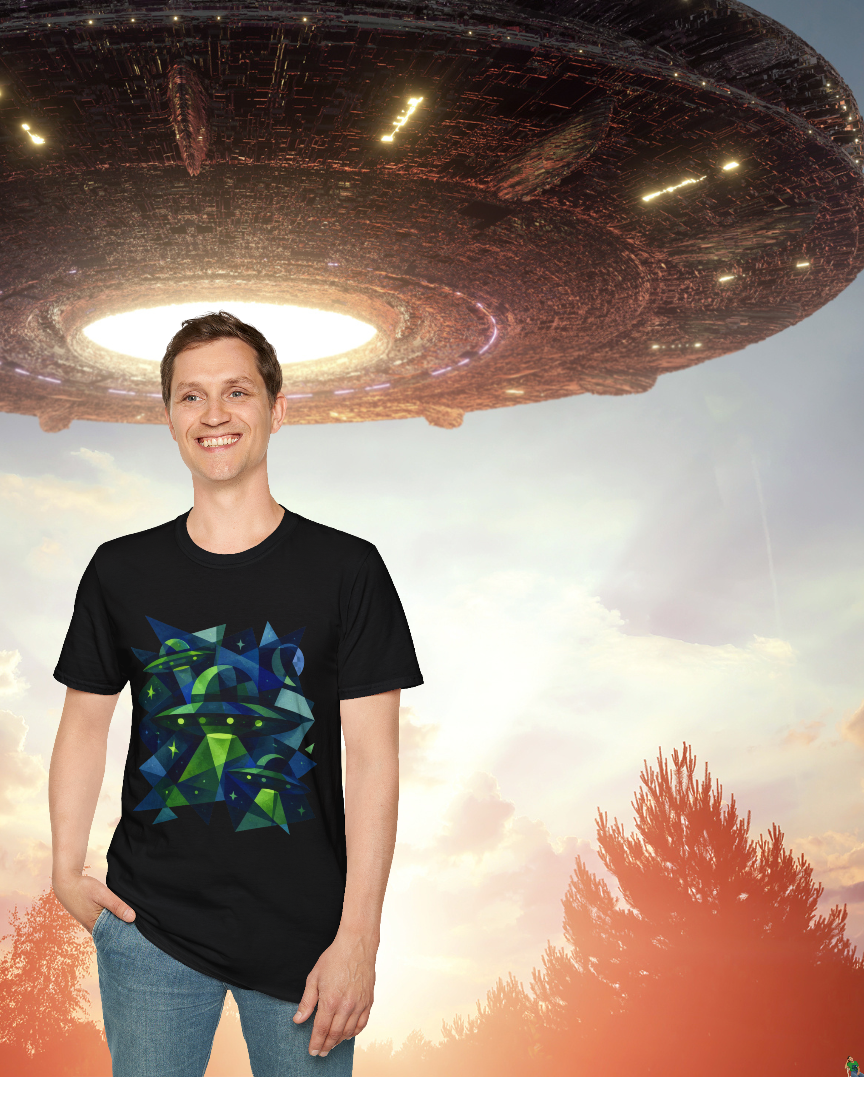 Blue & Green Cubism UFO Galaxy Geometry T‑Shirt — Neon Abstract Space Art