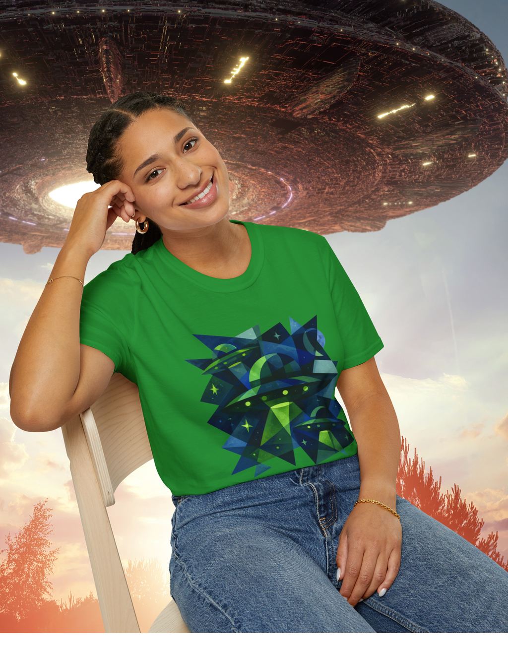Blue & Green Cubism UFO Galaxy Geometry T‑Shirt — Neon Abstract Space Art