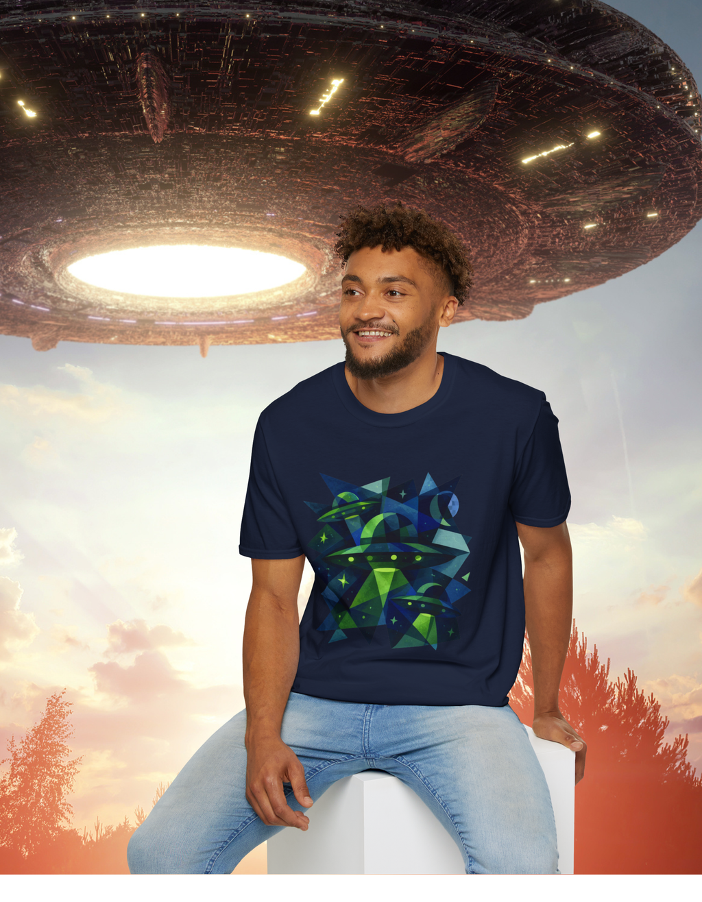 Blue & Green Cubism UFO Galaxy Geometry T‑Shirt — Neon Abstract Space Art