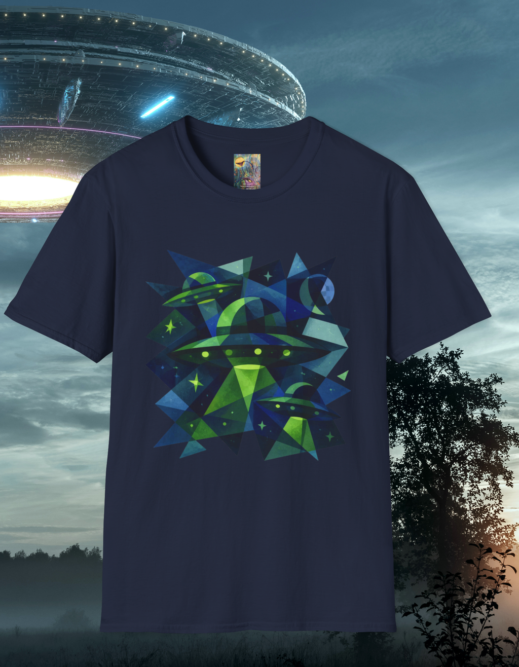 Blue & Green Cubism UFO Galaxy Geometry T‑Shirt — Neon Abstract Space Art