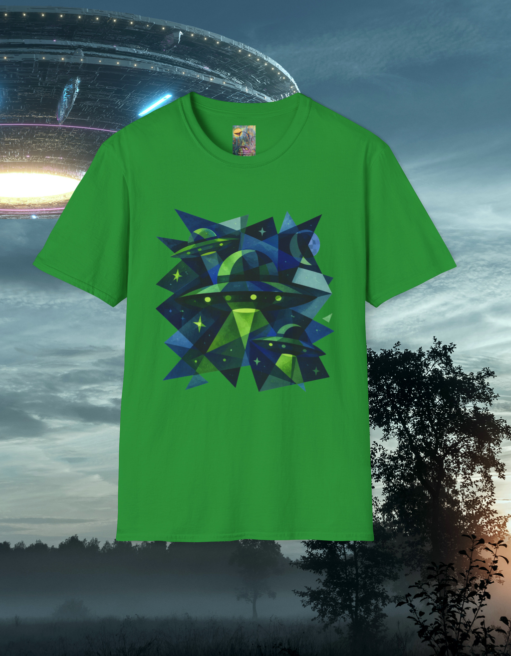 Blue & Green Cubism UFO Galaxy Geometry T‑Shirt — Neon Abstract Space Art
