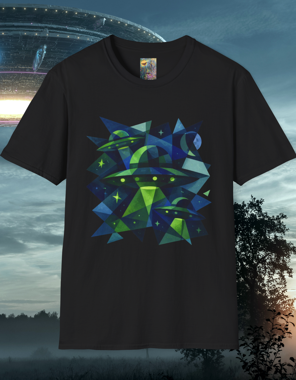 Blue & Green Cubism UFO Galaxy Geometry T‑Shirt — Neon Abstract Space Art