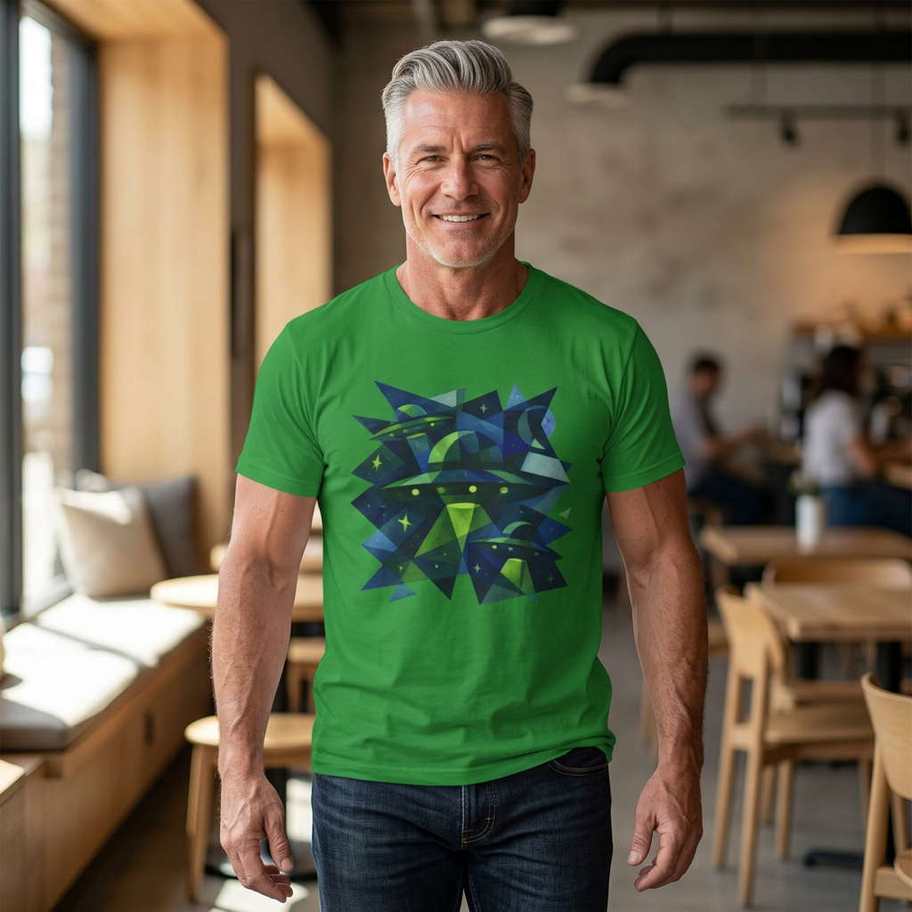Blue & Green Cubism UFO Galaxy Geometry T‑Shirt — Neon Abstract Space Art