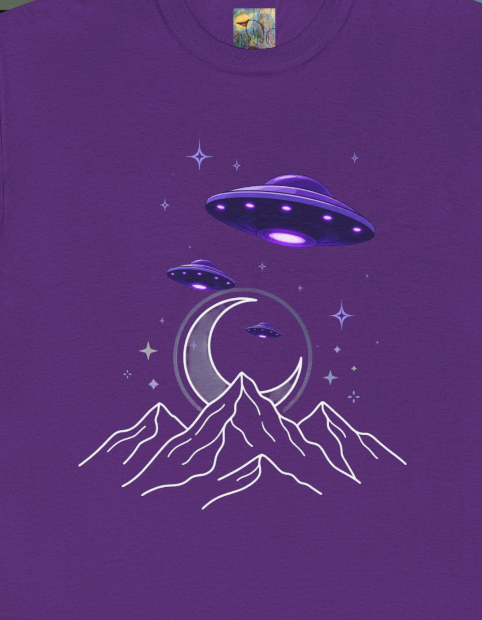Purple UFO Alien Night Mountain T-Shirt — UFO Crescent Moon Graphic Tee