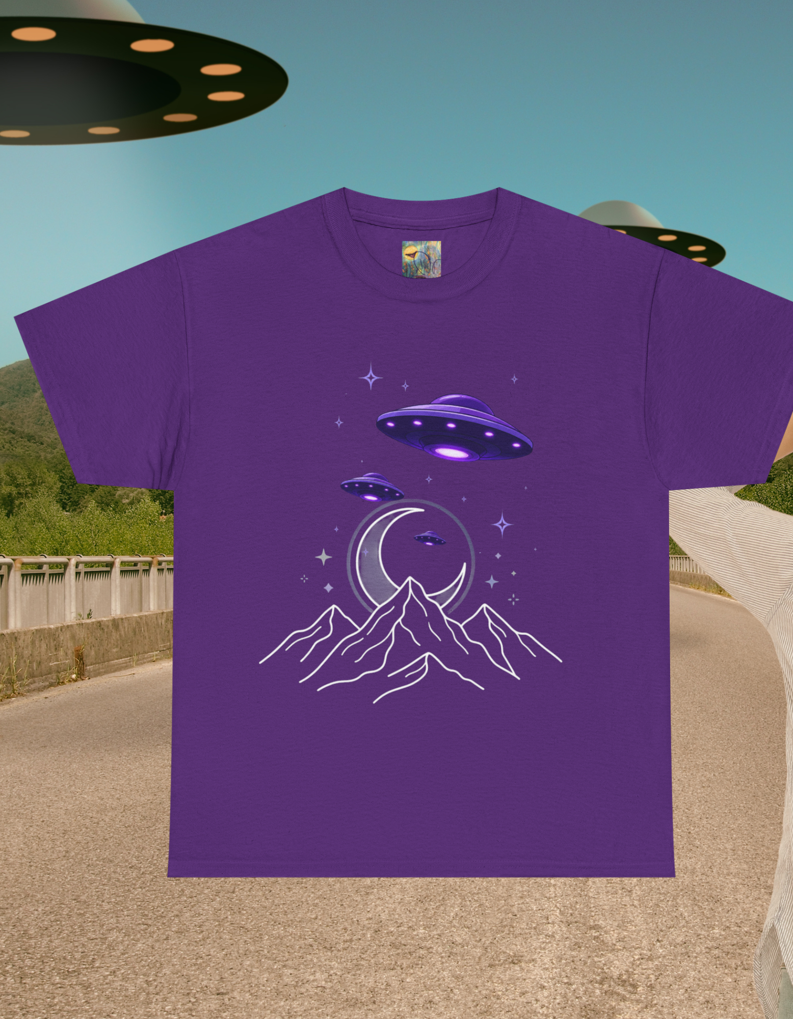 Purple UFO Alien Night Mountain T-Shirt — UFO Crescent Moon Graphic Tee