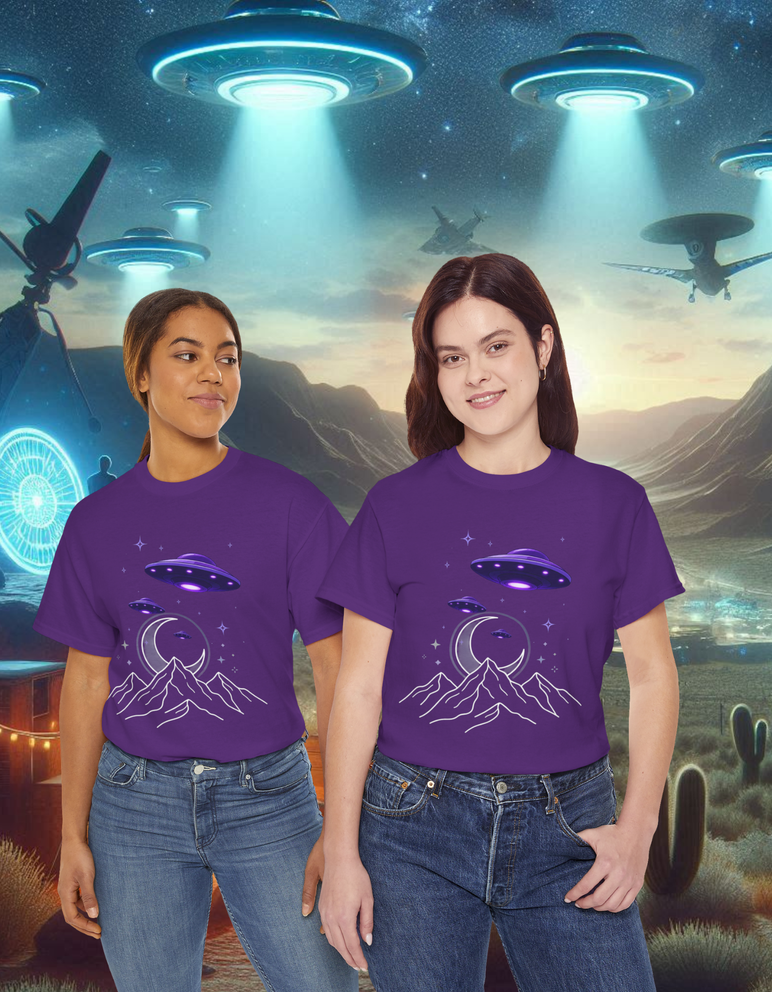 Purple UFO Alien Night Mountain T-Shirt — UFO Crescent Moon Graphic Tee
