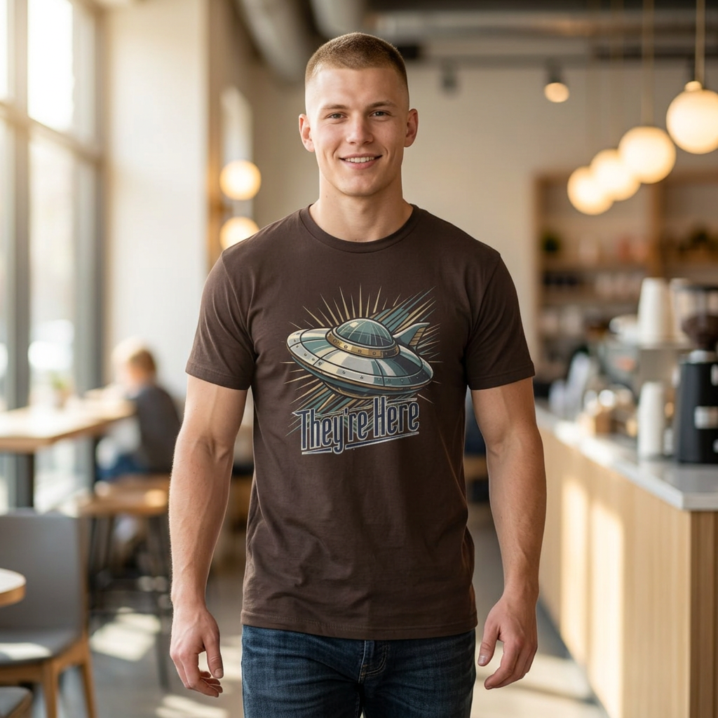 Futurism UFO Graphic T-Shirt — Vintage Flying Saucer 'They're Here' Tee
