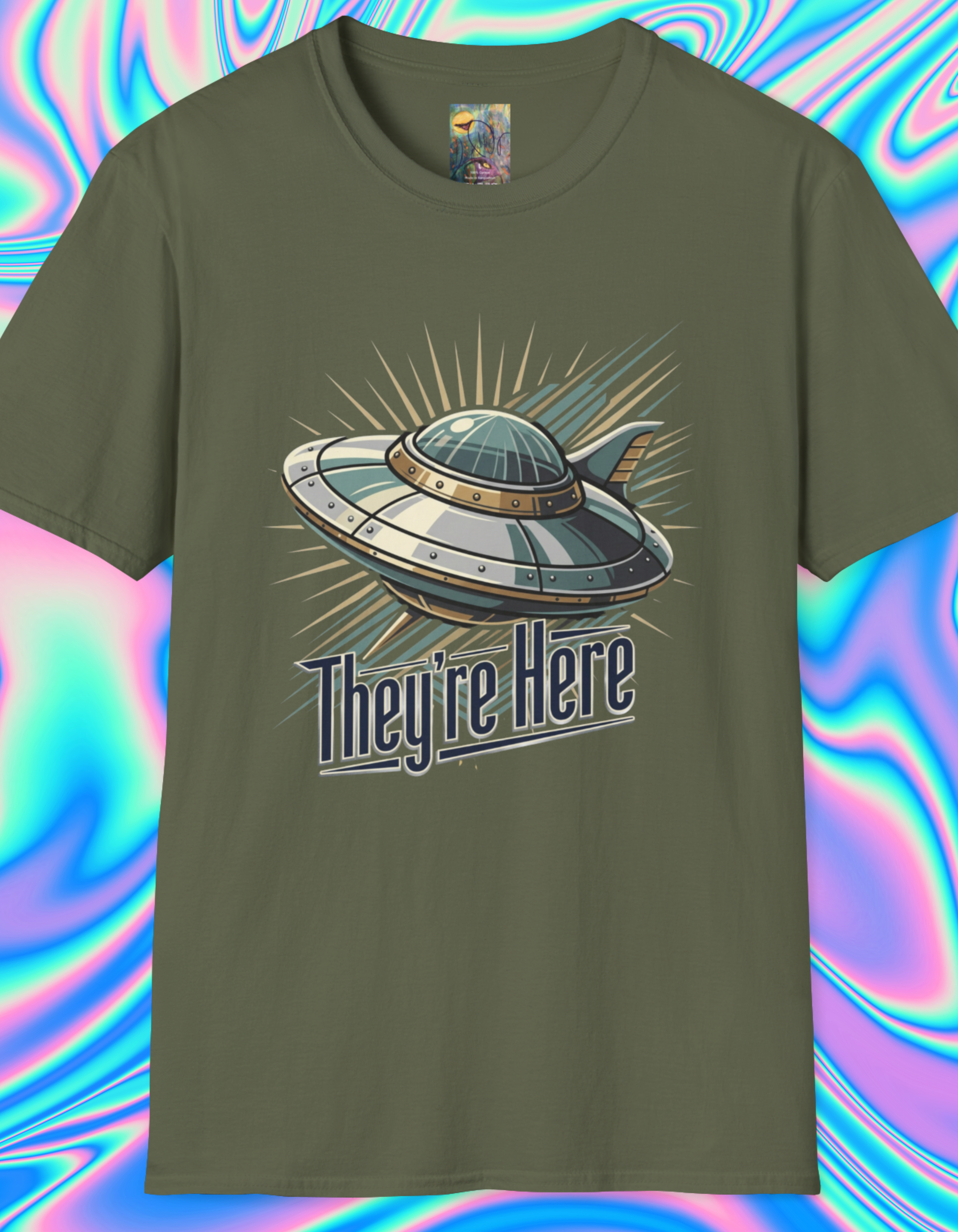Futurism UFO Graphic T-Shirt — Vintage Flying Saucer 'They're Here' Tee