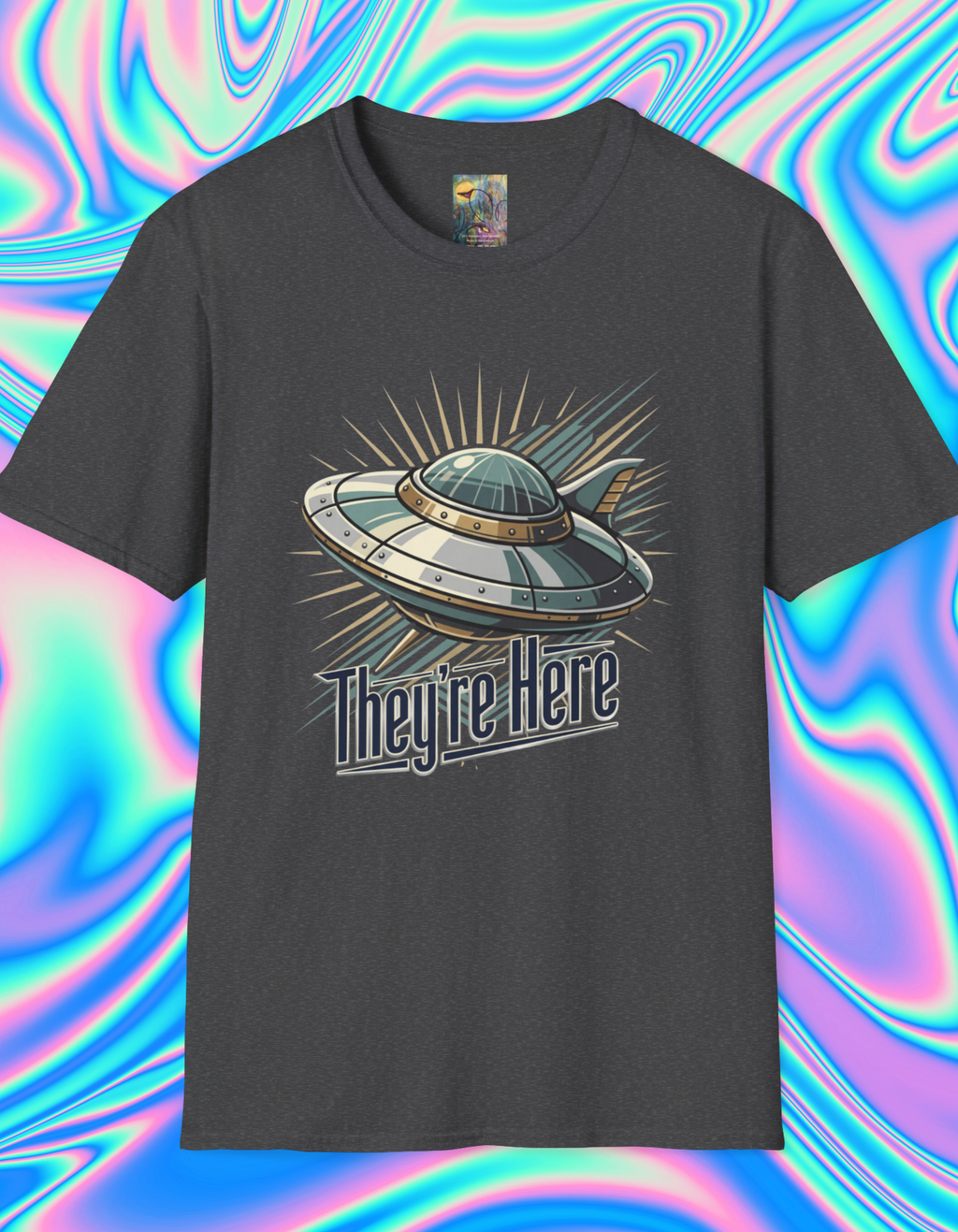 Futurism UFO Graphic T-Shirt — Vintage Flying Saucer 'They're Here' Tee