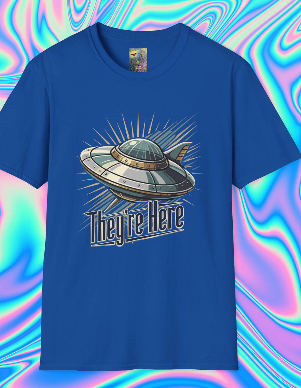 Futurism UFO Graphic T-Shirt — Vintage Flying Saucer 'They're Here' Tee