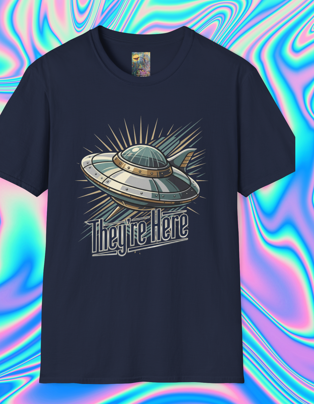 Futurism UFO Graphic T-Shirt — Vintage Flying Saucer 'They're Here' Tee