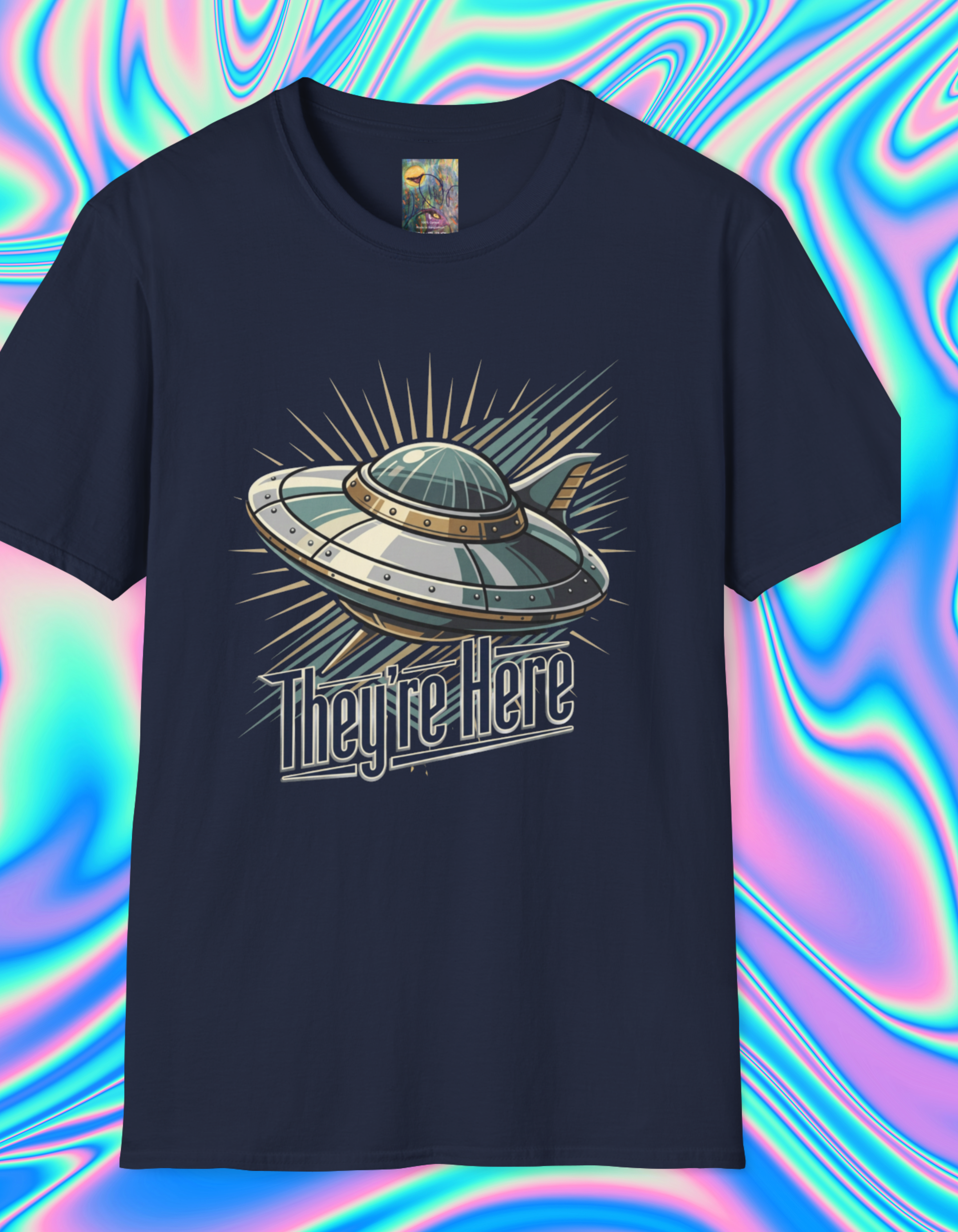 Futurism UFO Graphic T-Shirt — Vintage Flying Saucer 'They're Here' Tee