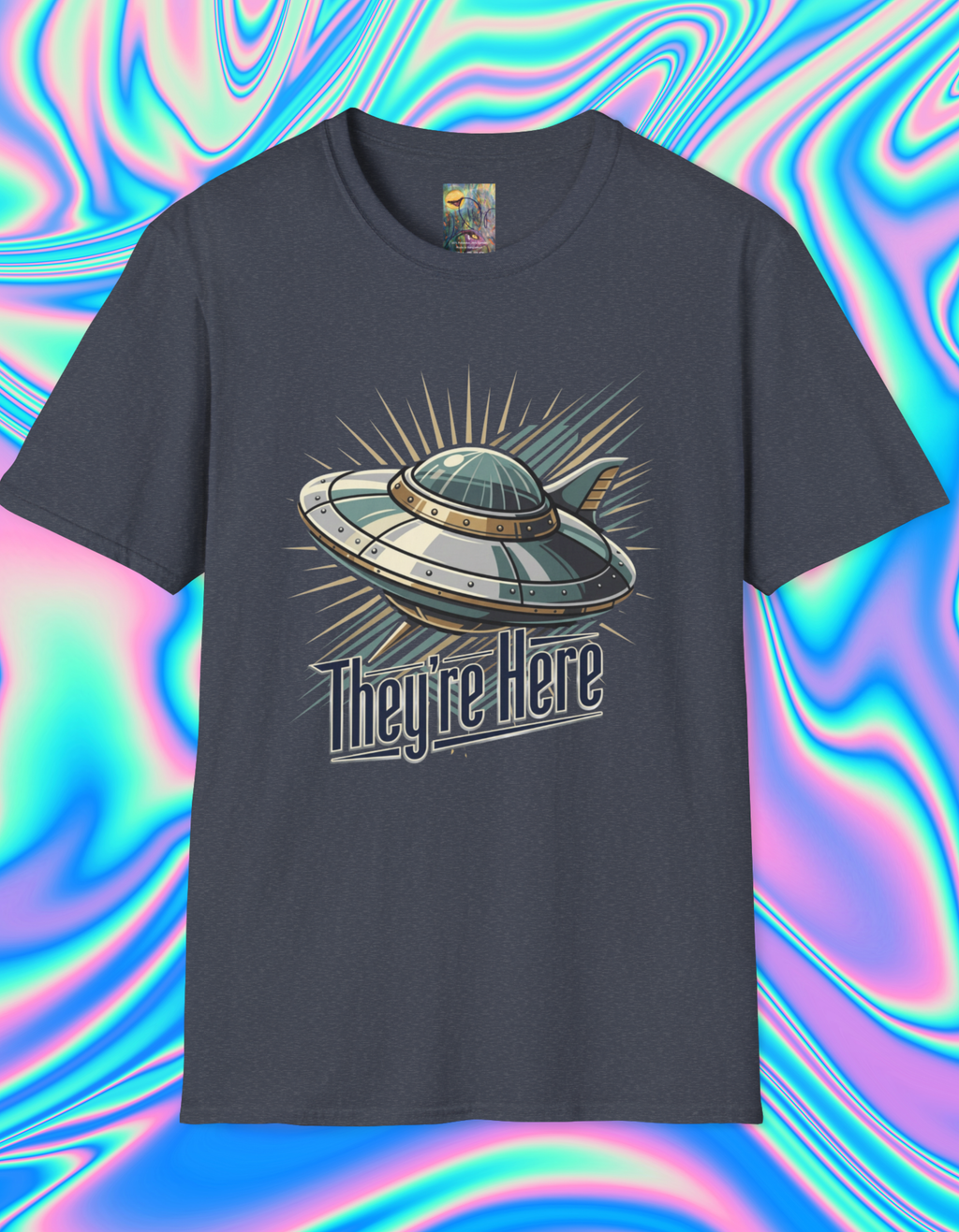 Futurism UFO Graphic T-Shirt — Vintage Flying Saucer 'They're Here' Tee