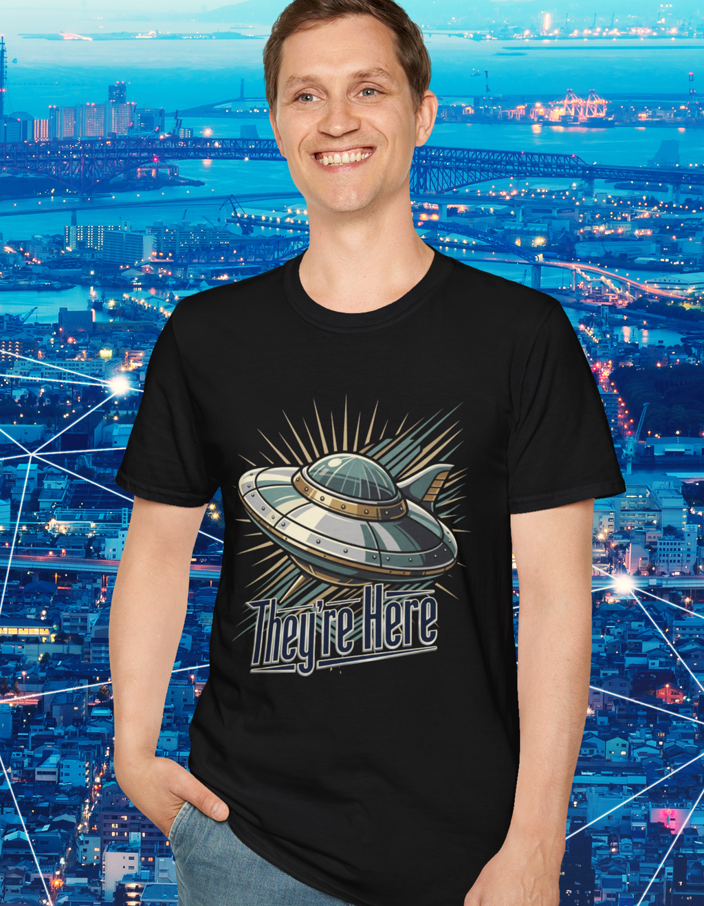 Futurism UFO Graphic T-Shirt — Vintage Flying Saucer 'They're Here' Tee