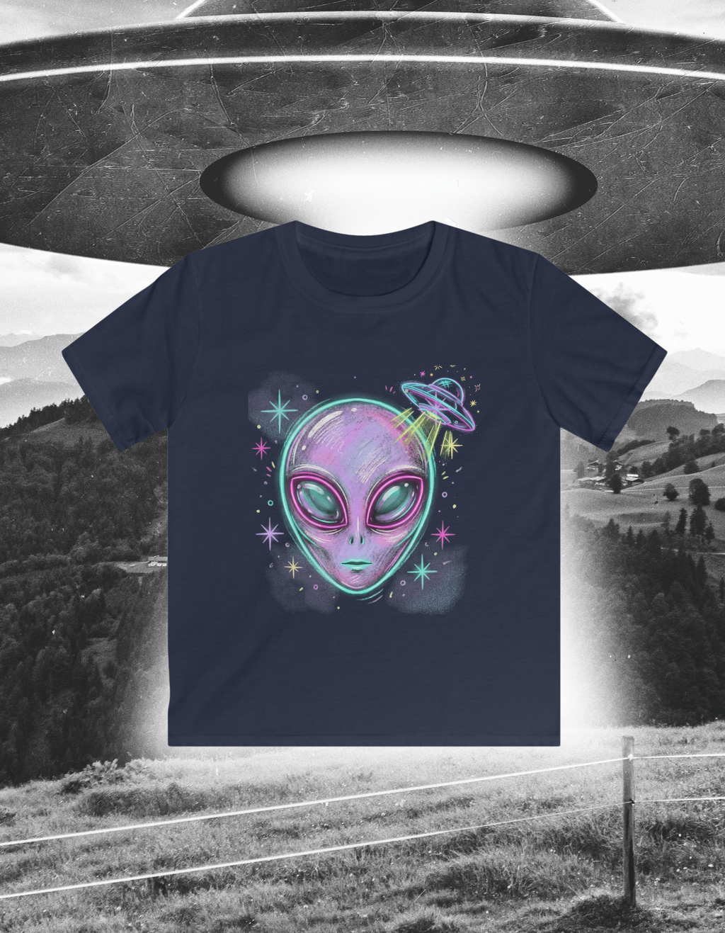 Kids Tee — Colorful Alien UFO Abduction Graphic