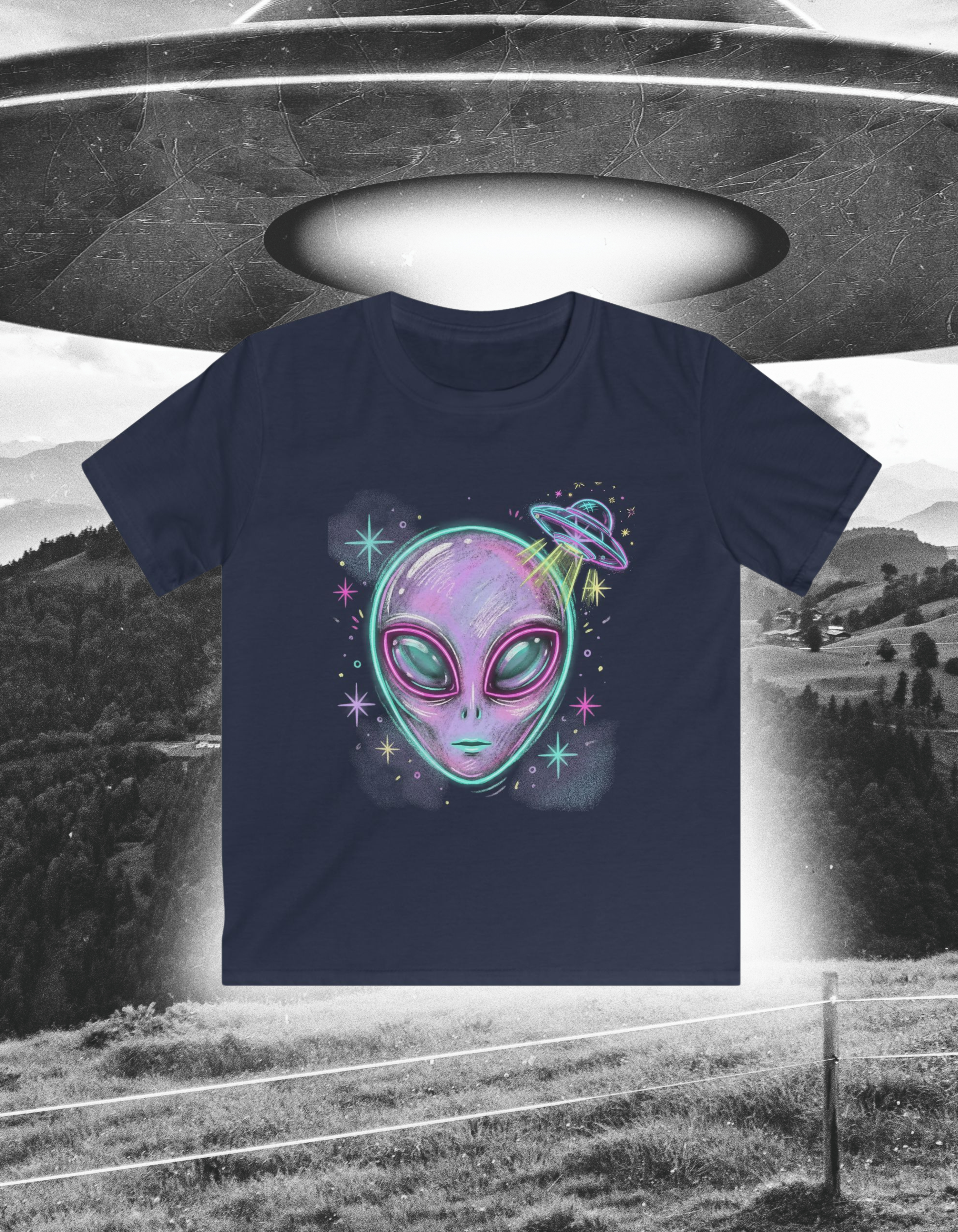 Kids Tee — Colorful Alien UFO Abduction Graphic