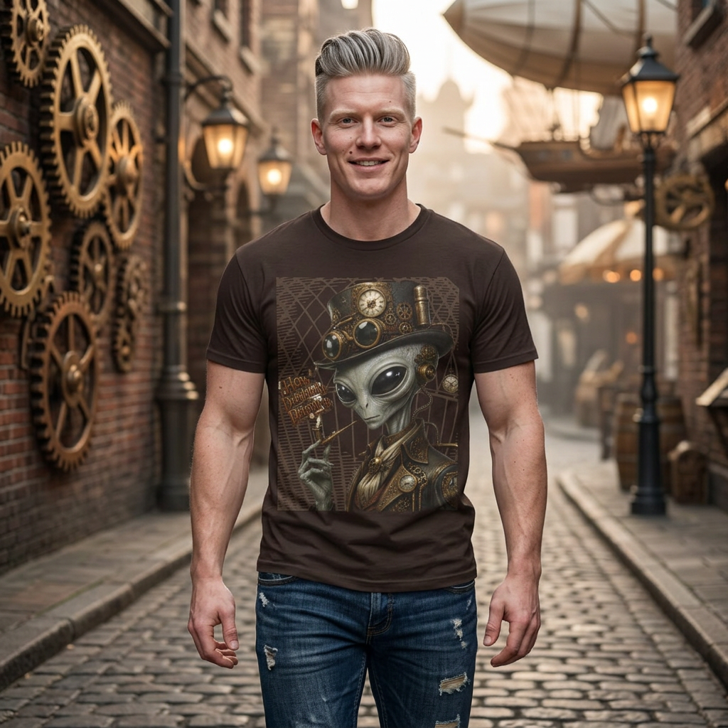 Steampunk Alien Graphic T-Shirt — Vintage Clockwork Extraterrestrial Tee