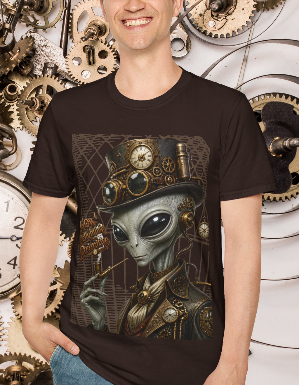Steampunk Alien Graphic T-Shirt — Vintage Clockwork Extraterrestrial Tee
