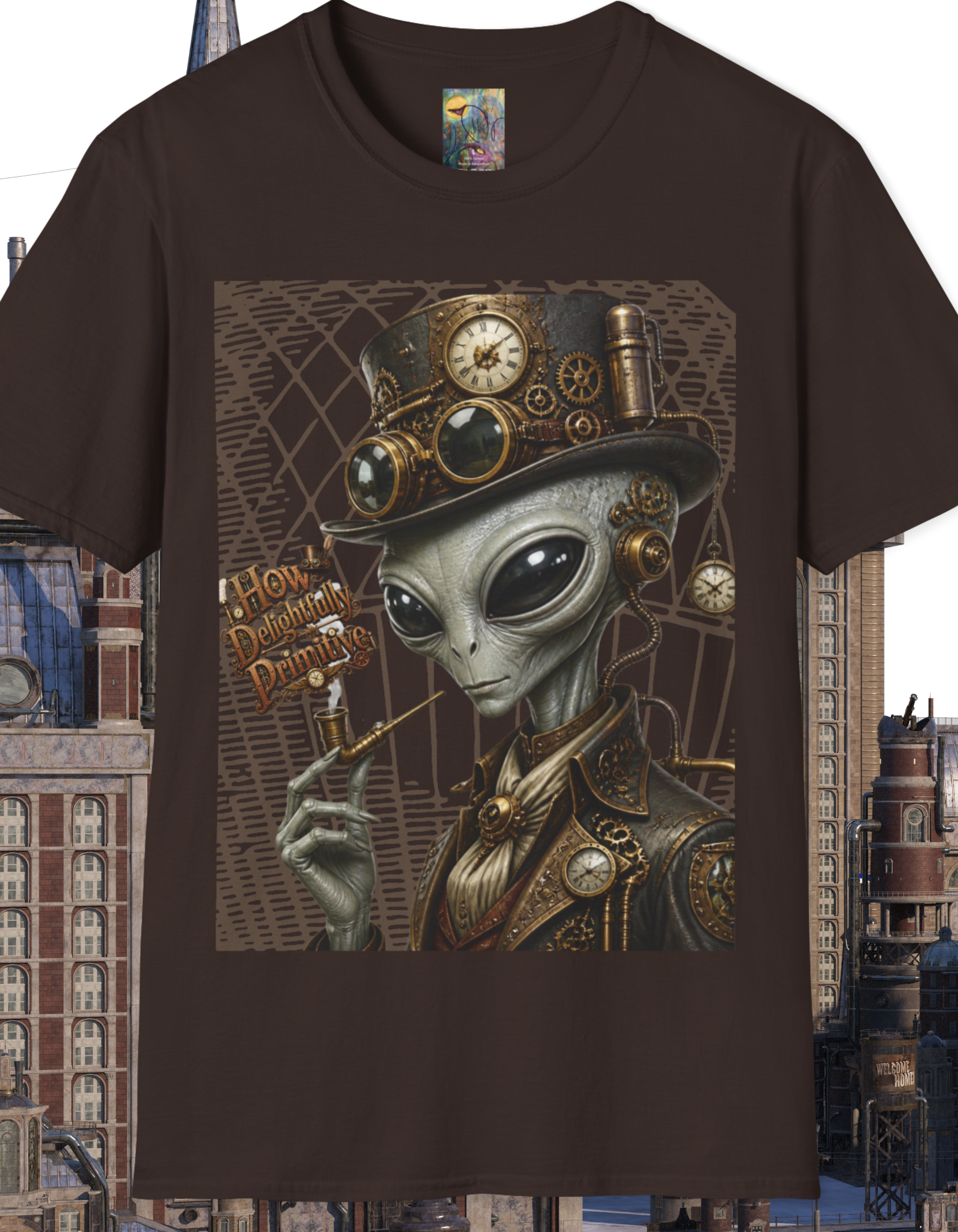 Steampunk Alien Graphic T-Shirt — Vintage Clockwork Extraterrestrial Tee