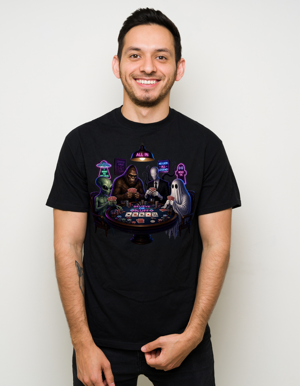 T-Shirt — "Belief or Bluff" Halloween Poker Night Graphic Tee