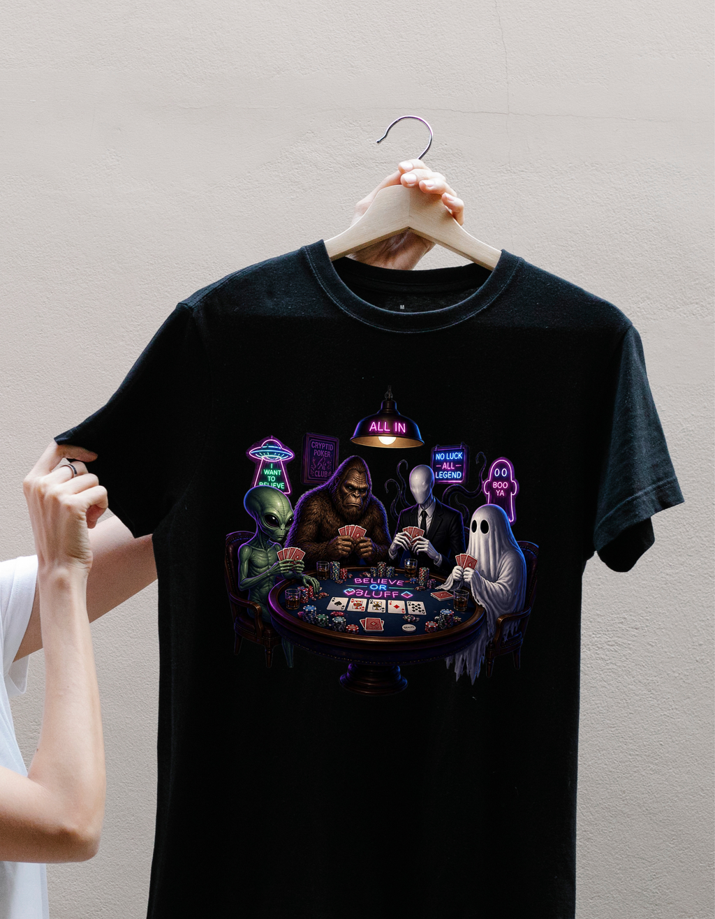 T-Shirt — "Belief or Bluff" Halloween Poker Night Graphic Tee
