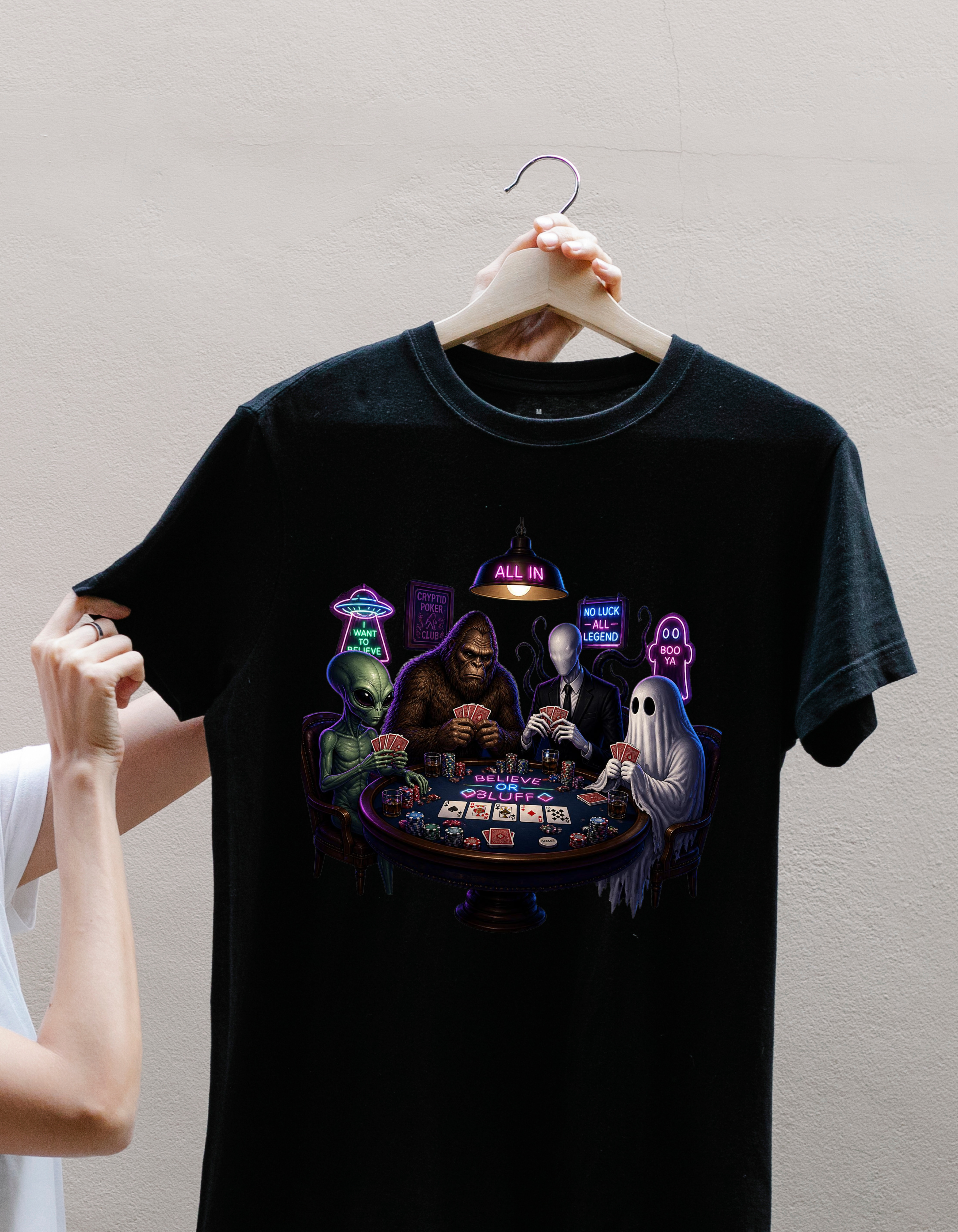 T-Shirt — "Belief or Bluff" Halloween Poker Night Graphic Tee