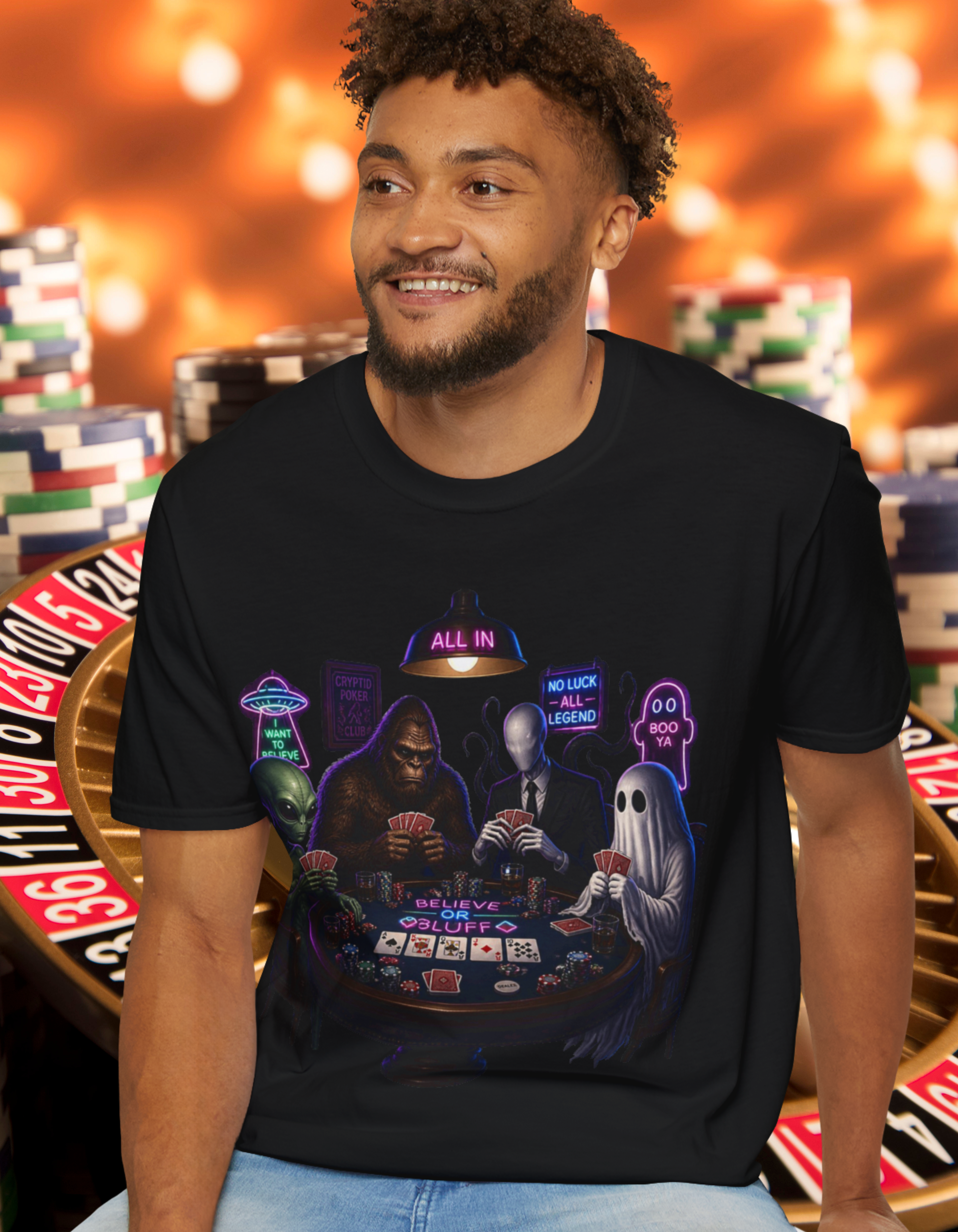T-Shirt — "Belief or Bluff" Halloween Poker Night Graphic Tee