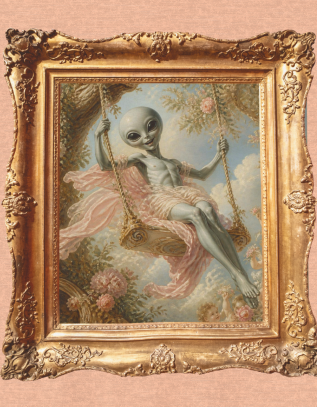 Vintage Grey alien Baroque Painting T-Shirt — Framed Alien Rococco Art Tee