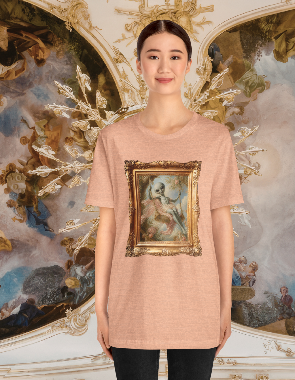 Vintage Grey alien Baroque Painting T-Shirt — Framed Alien Rococco Art Tee