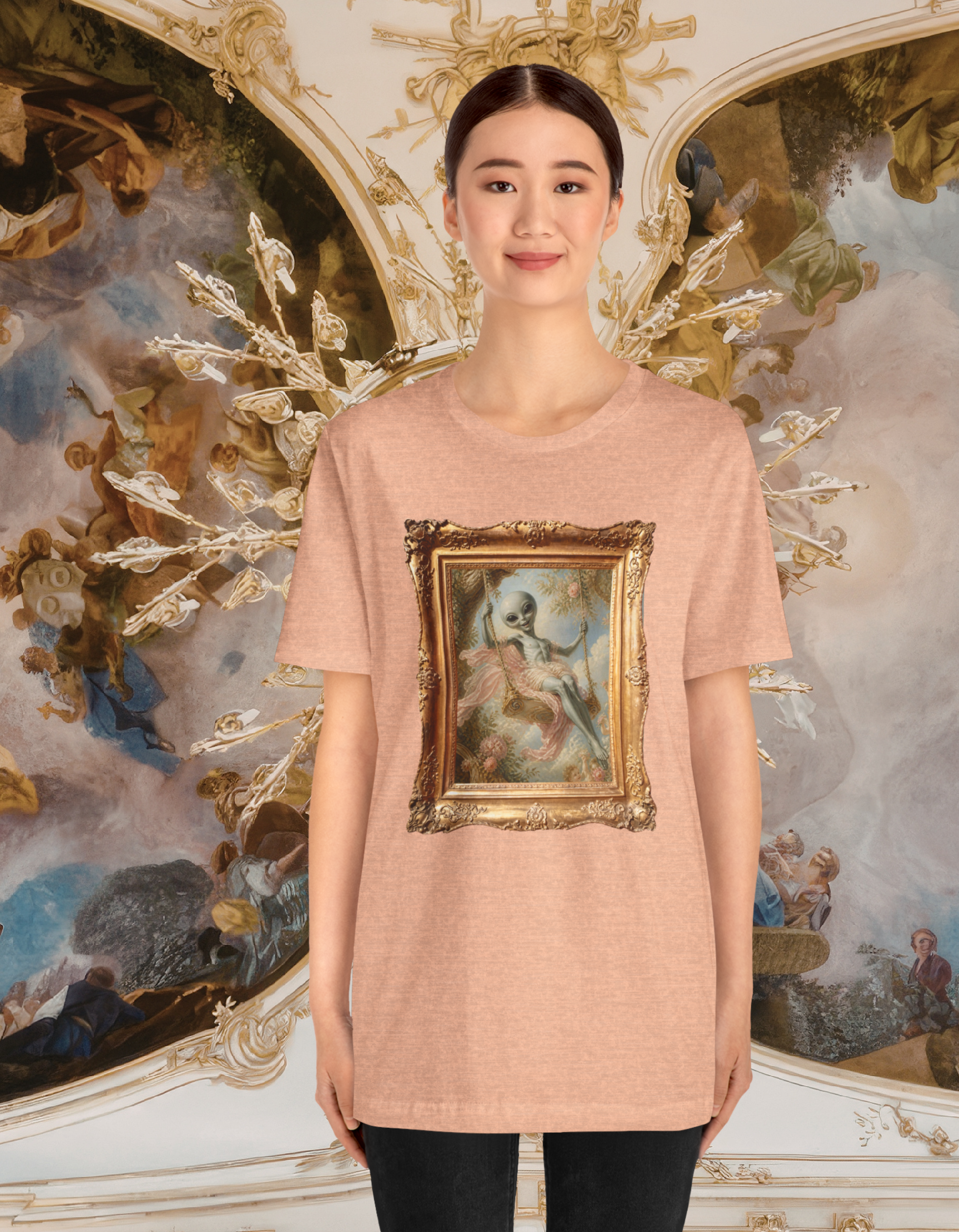 Vintage Grey alien Baroque Painting T-Shirt — Framed Alien Rococco Art Tee