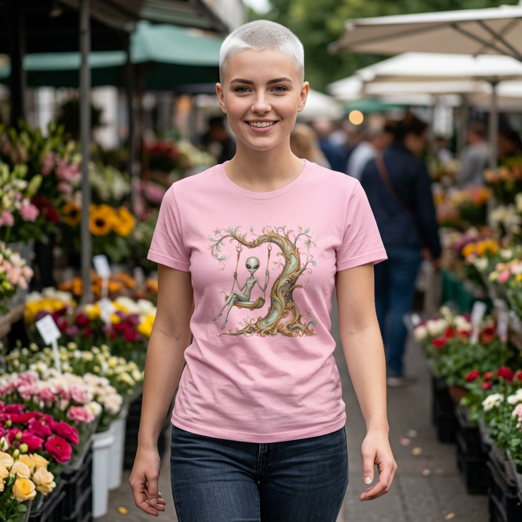 Baroque Alien on Swing T-Shirt — Whimsical Vintage Tree Graphic Tee for Women