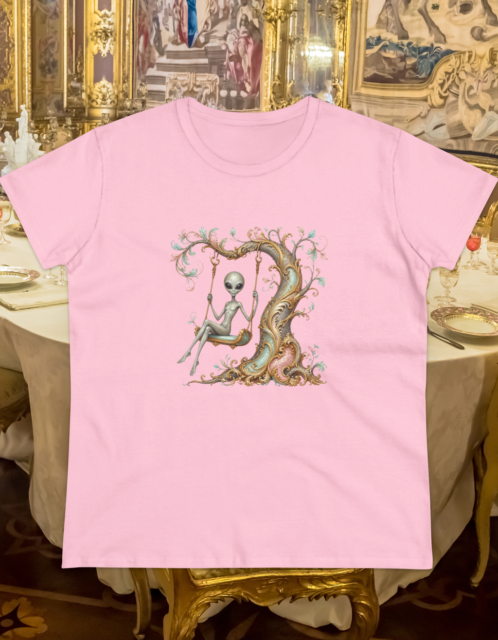 Baroque Alien on Swing T-Shirt — Whimsical Vintage Tree Graphic Tee for Women