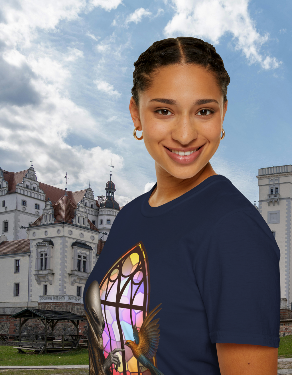 Alien Stained Glass T-Shirt — Gothic Church Window Sci‑Fi Tee
