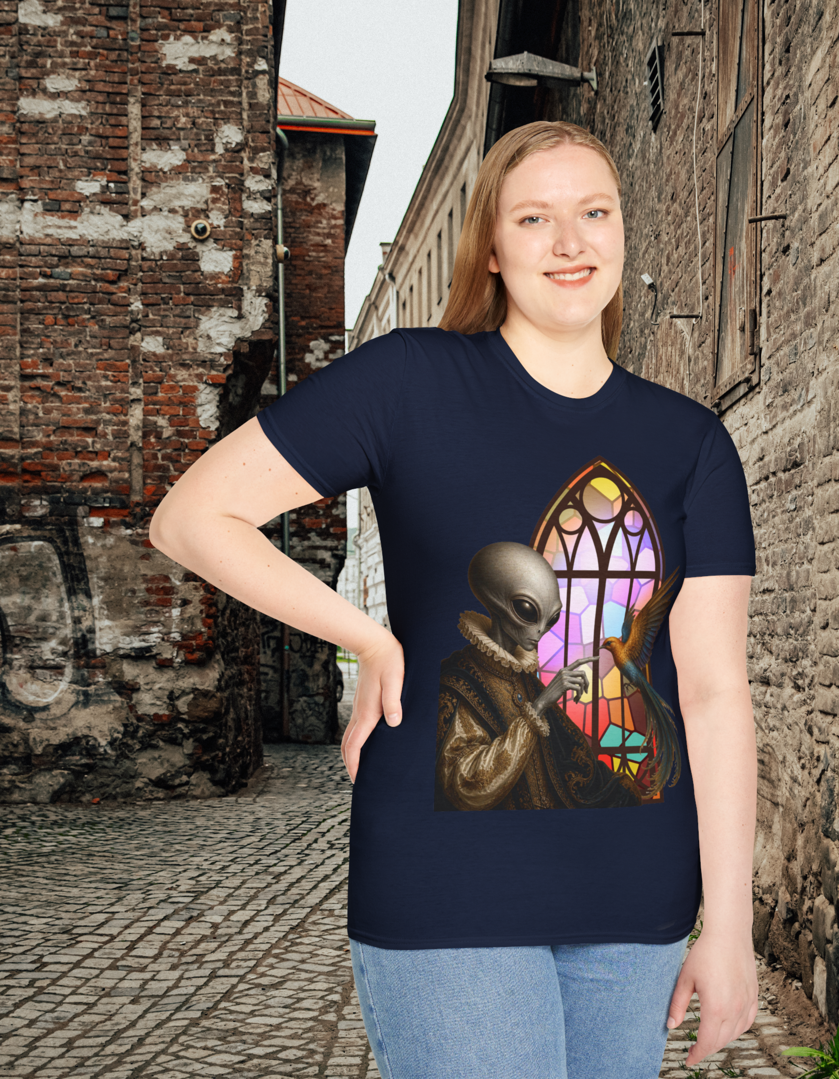Alien Stained Glass T-Shirt — Gothic Church Window Sci‑Fi Tee