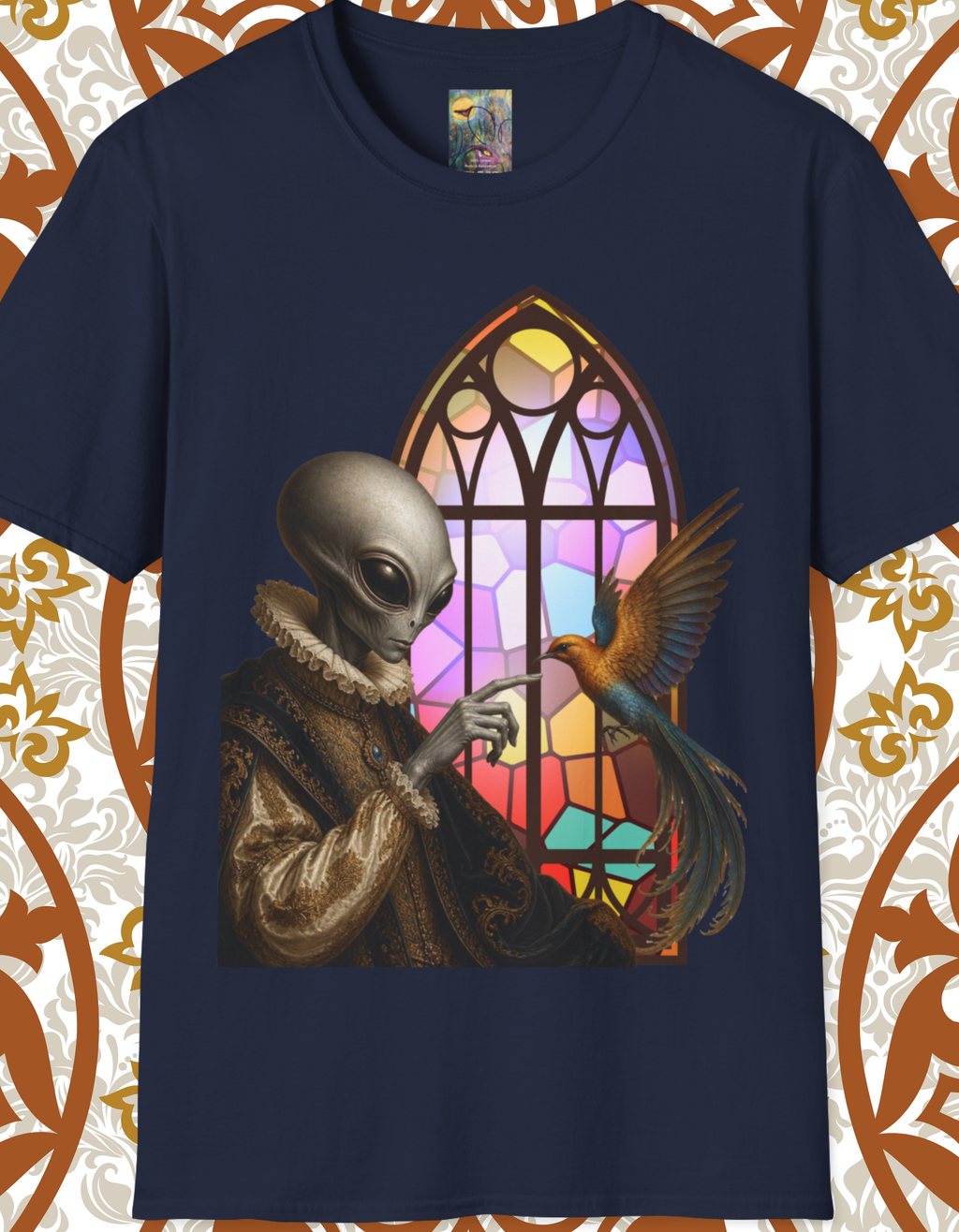 Alien Stained Glass T-Shirt — Gothic Church Window Sci‑Fi Tee
