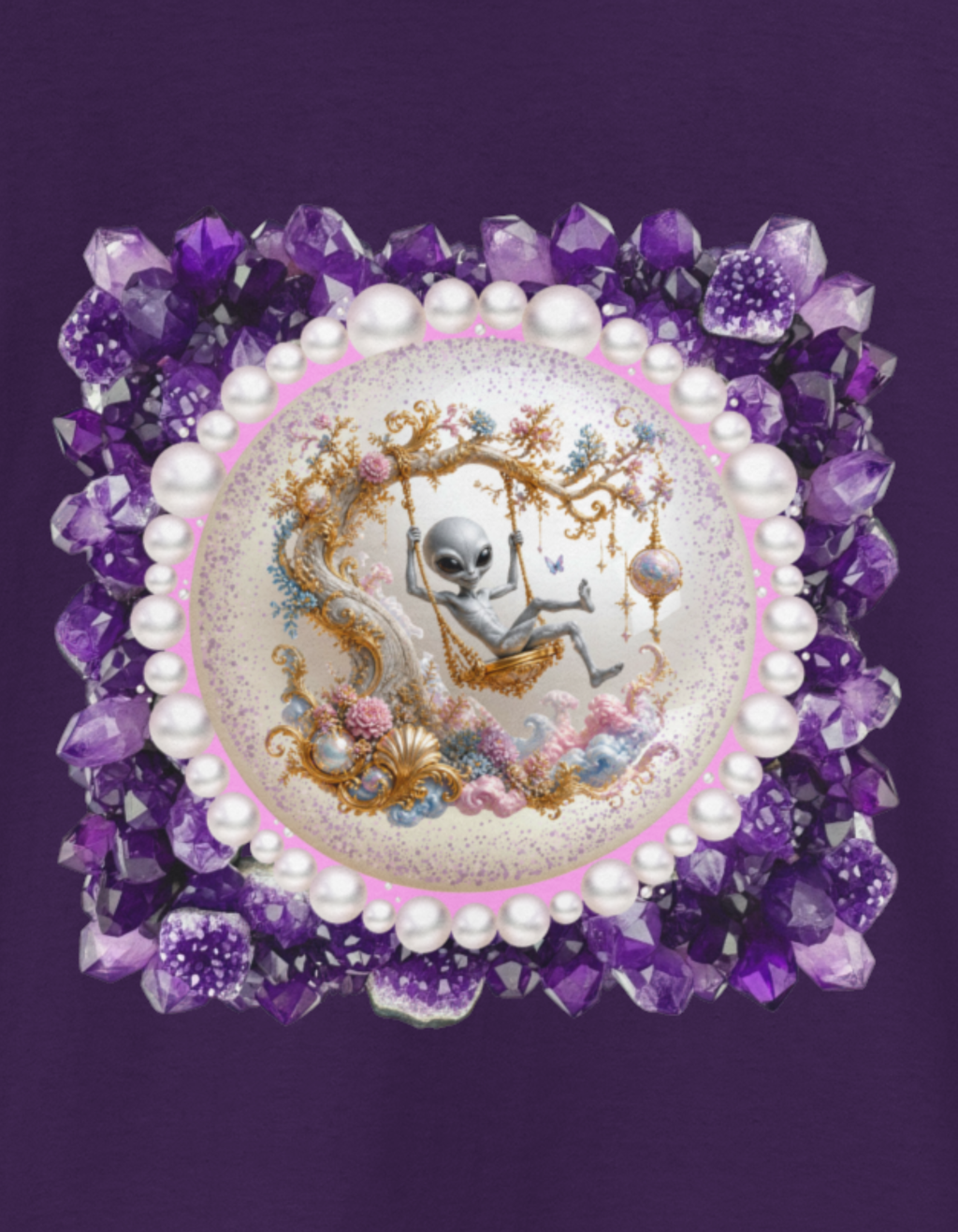 Alien Frivolity T-Shirt — Rococo Baroque Alien in Purple Gems Graphic