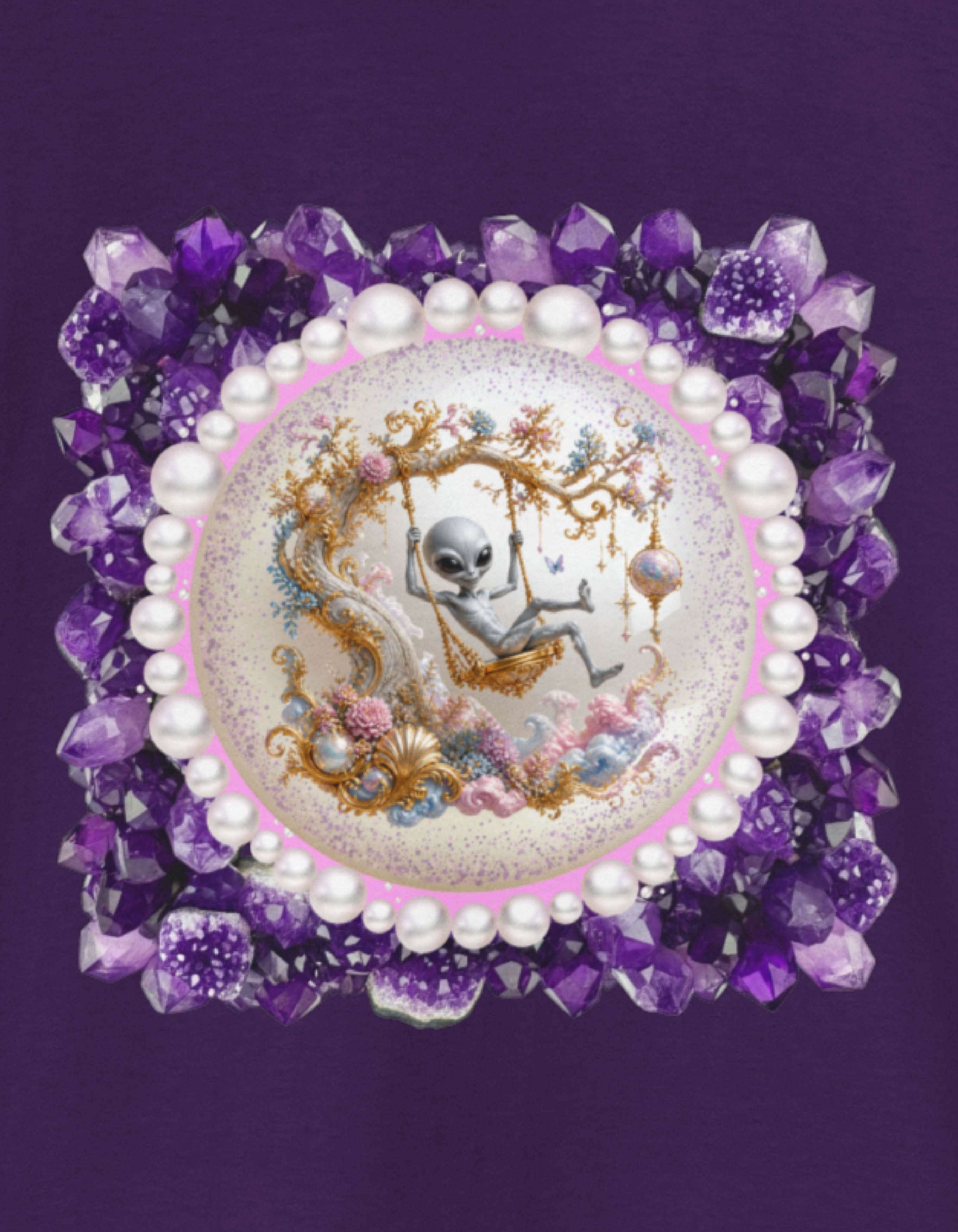 Alien Frivolity T-Shirt — Rococo Baroque Alien in Purple Gems Graphic