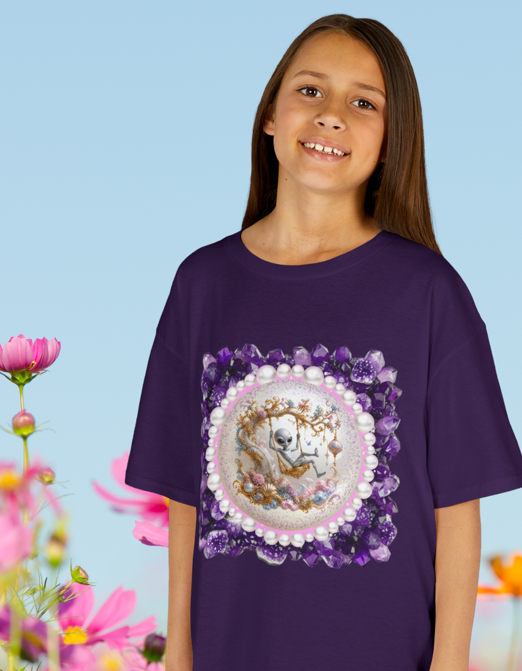 Alien Frivolity T-Shirt — Rococo Baroque Alien in Purple Gems Graphic