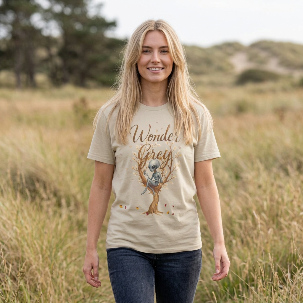 Wonder Grey T‑Shirt — Whimsical Tree & Dreamy Character Graphic