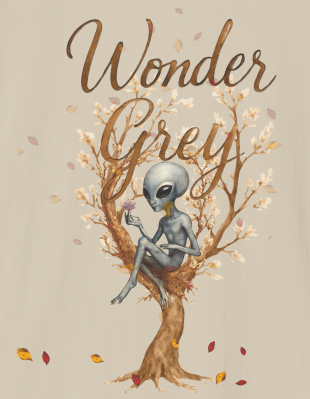Wonder Grey T‑Shirt — Whimsical Tree & Dreamy Character Graphic