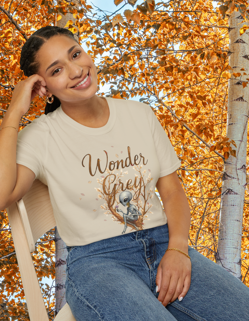 Wonder Grey T‑Shirt — Whimsical Tree & Dreamy Character Graphic