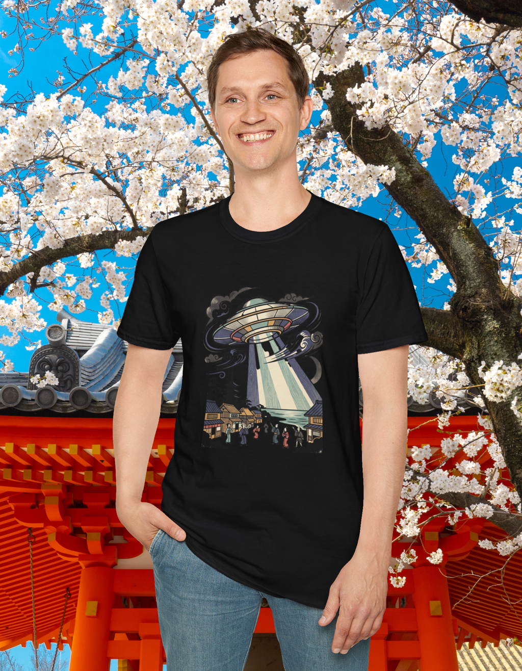 Japanese Woodcut-style UFO Insvasion Unisex Softstyle T-Shirt