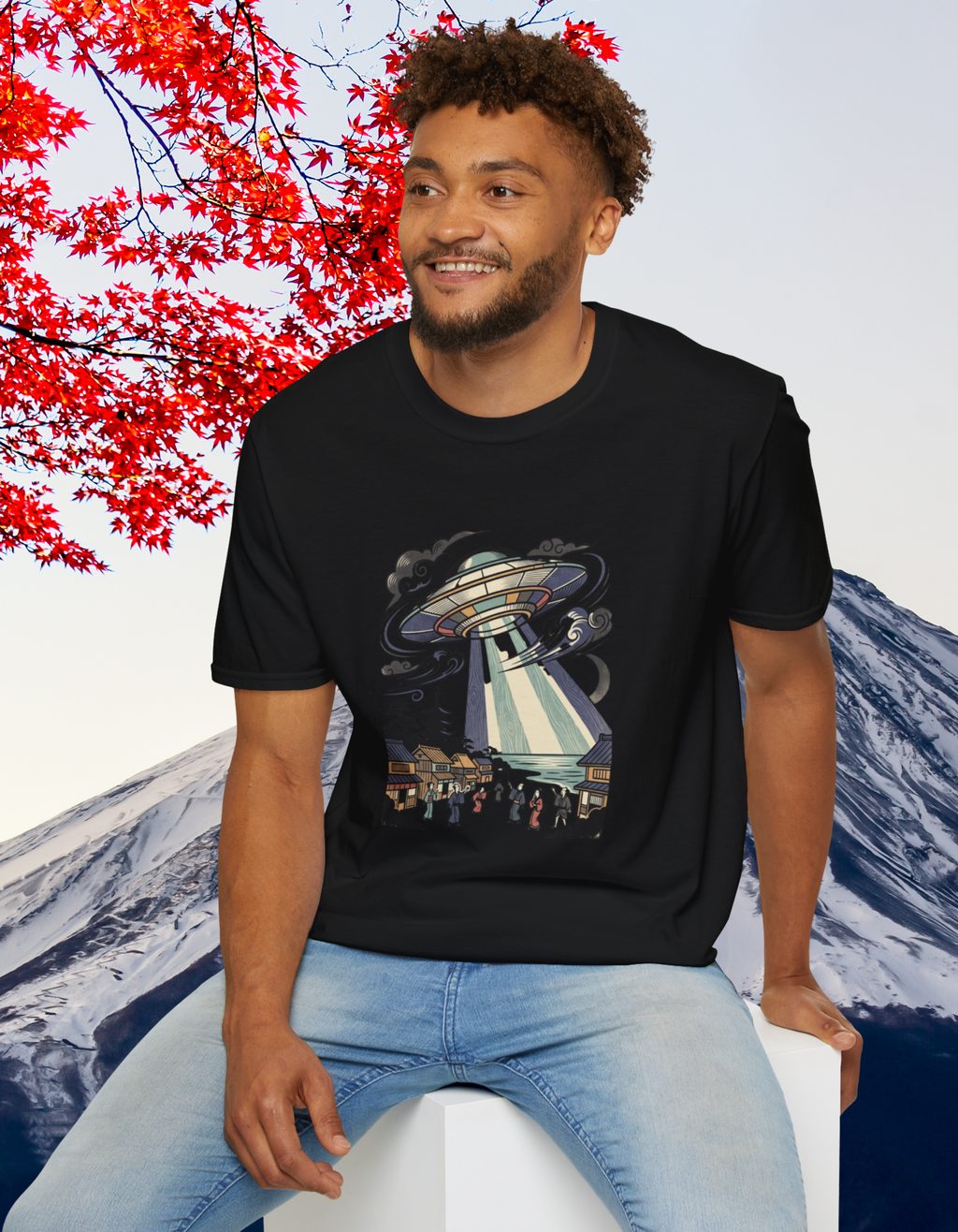 Japanese Woodcut-style UFO Insvasion Unisex Softstyle T-Shirt