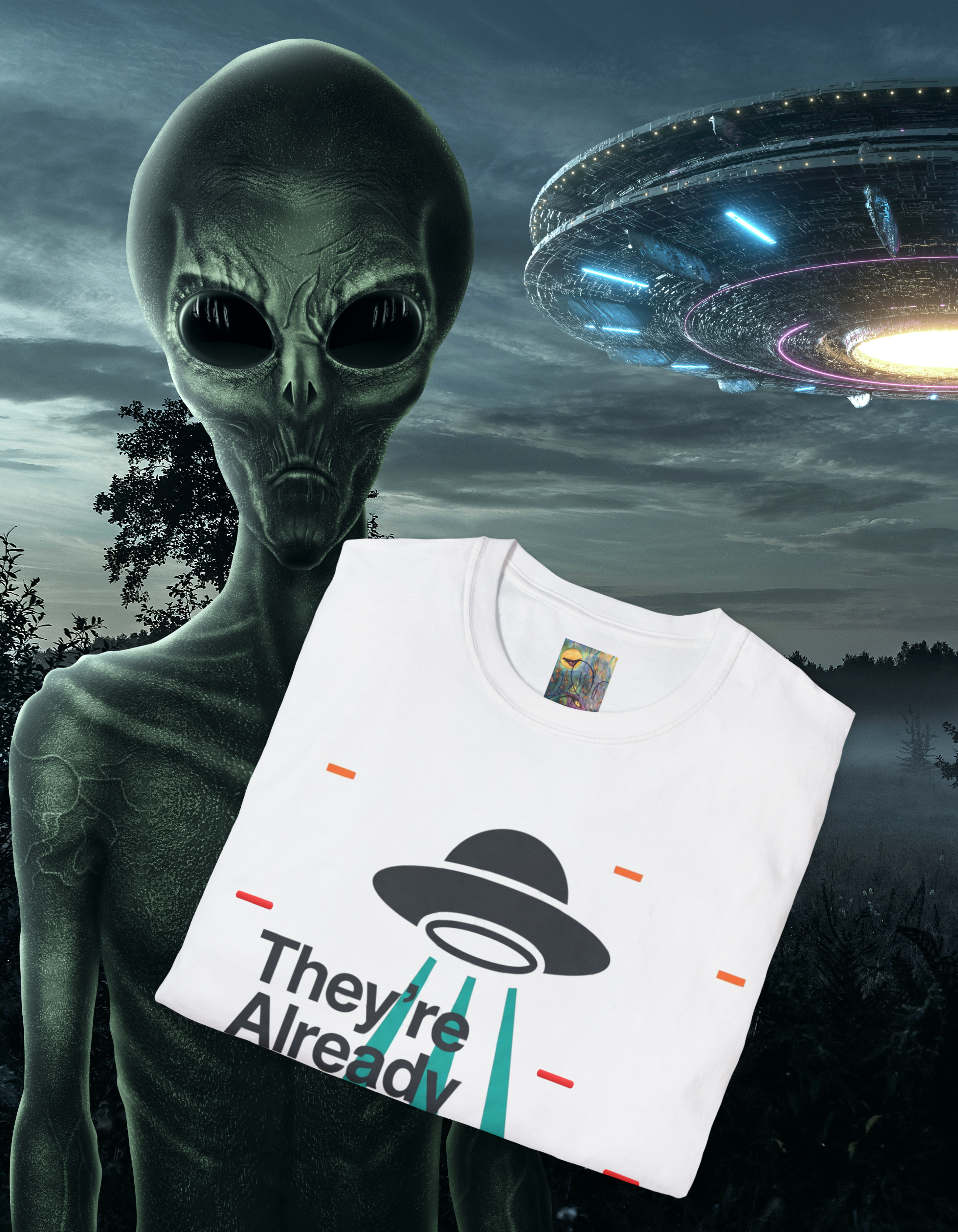 Alien Abduction T-Shirt — "They're Already Here" UFO Graphic Tee