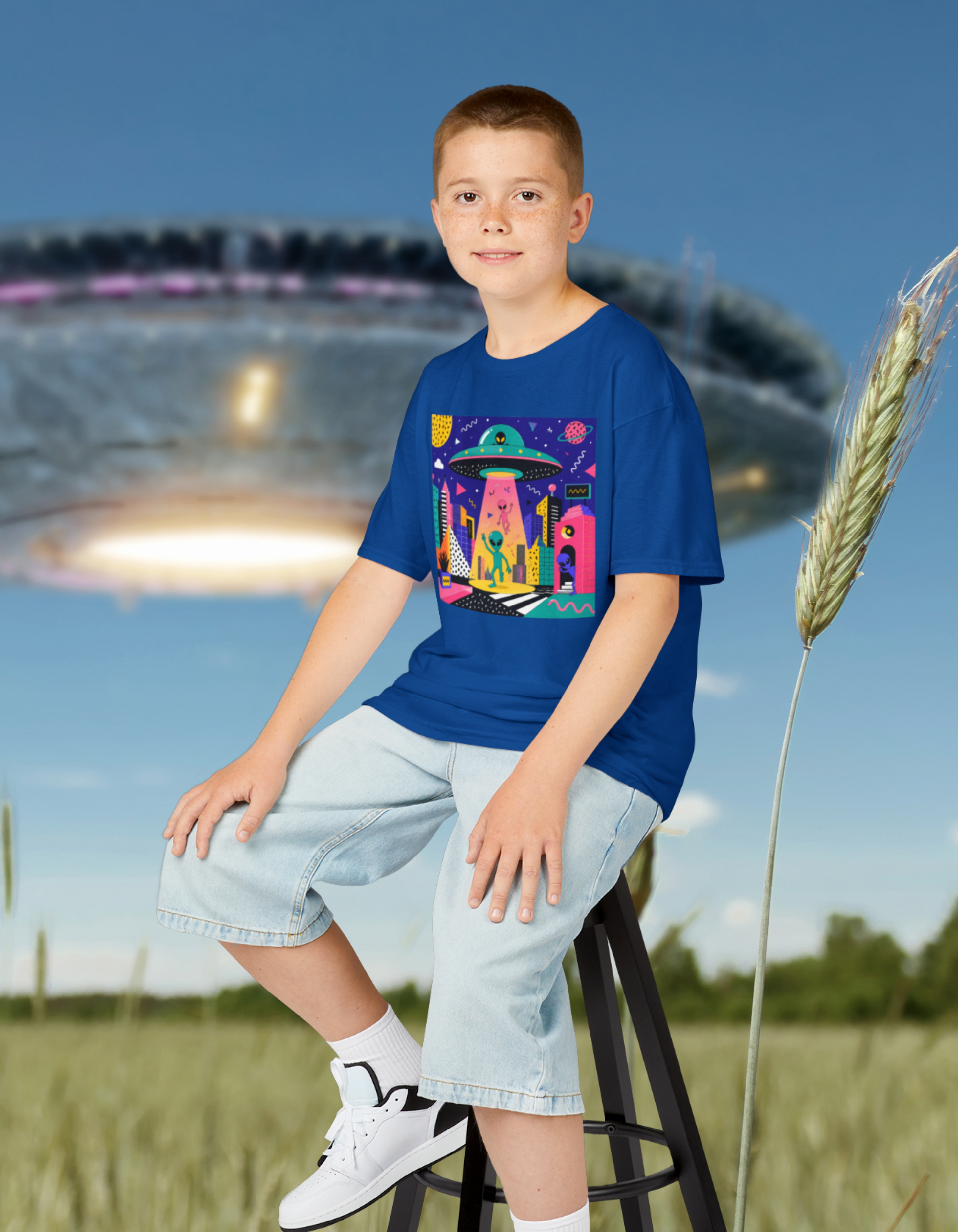 Invasion Kids Tee — Colorful Memphis Style Alien UFO Abduction Space Shirt for Children