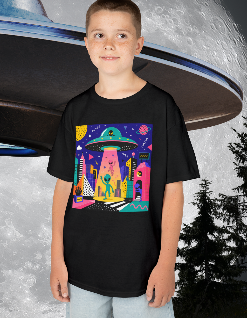 Invasion Kids Tee — Colorful Memphis Style Alien UFO Abduction Space Shirt for Children